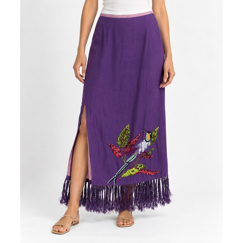 Catherine Malandrino Purple Silk Sequin Bird Fringe Midi Skirt Womens Medium